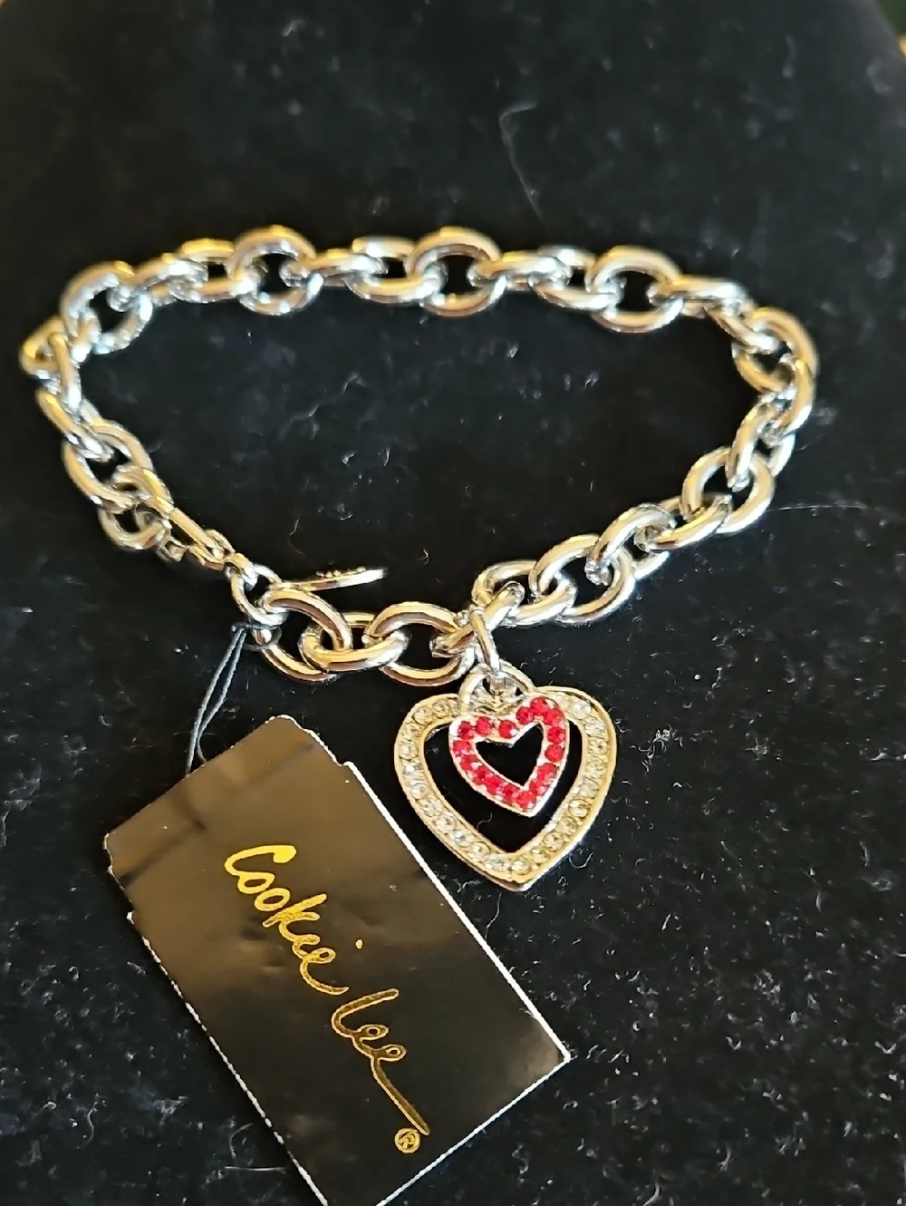 Cookie Lee Silver-Tone Chain Bracelet with Red and Clear Heart Charm NWT